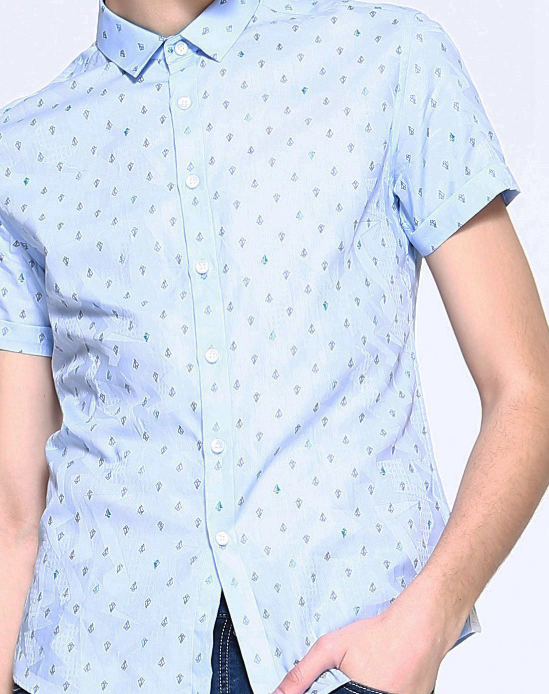 与狼共舞 短袖圆点短袖休闲衬衫114浅天蓝