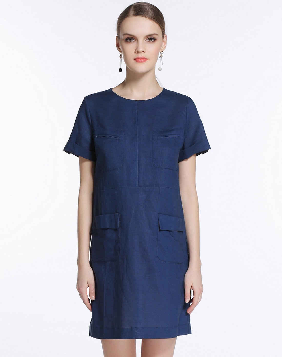 纯色圆领宽松休闲连衣裙藏蓝色