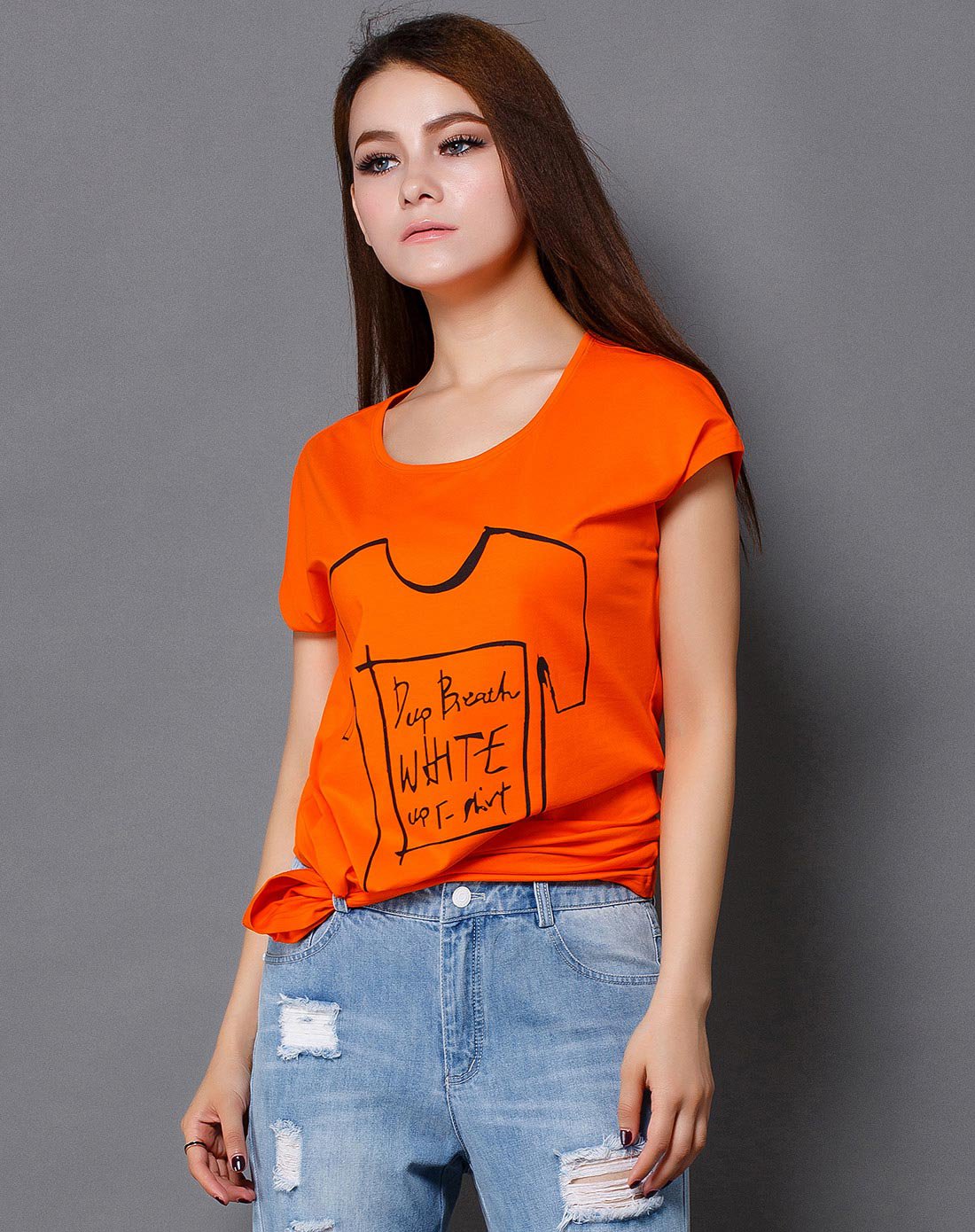 中长款休闲圆领印花t恤桔色