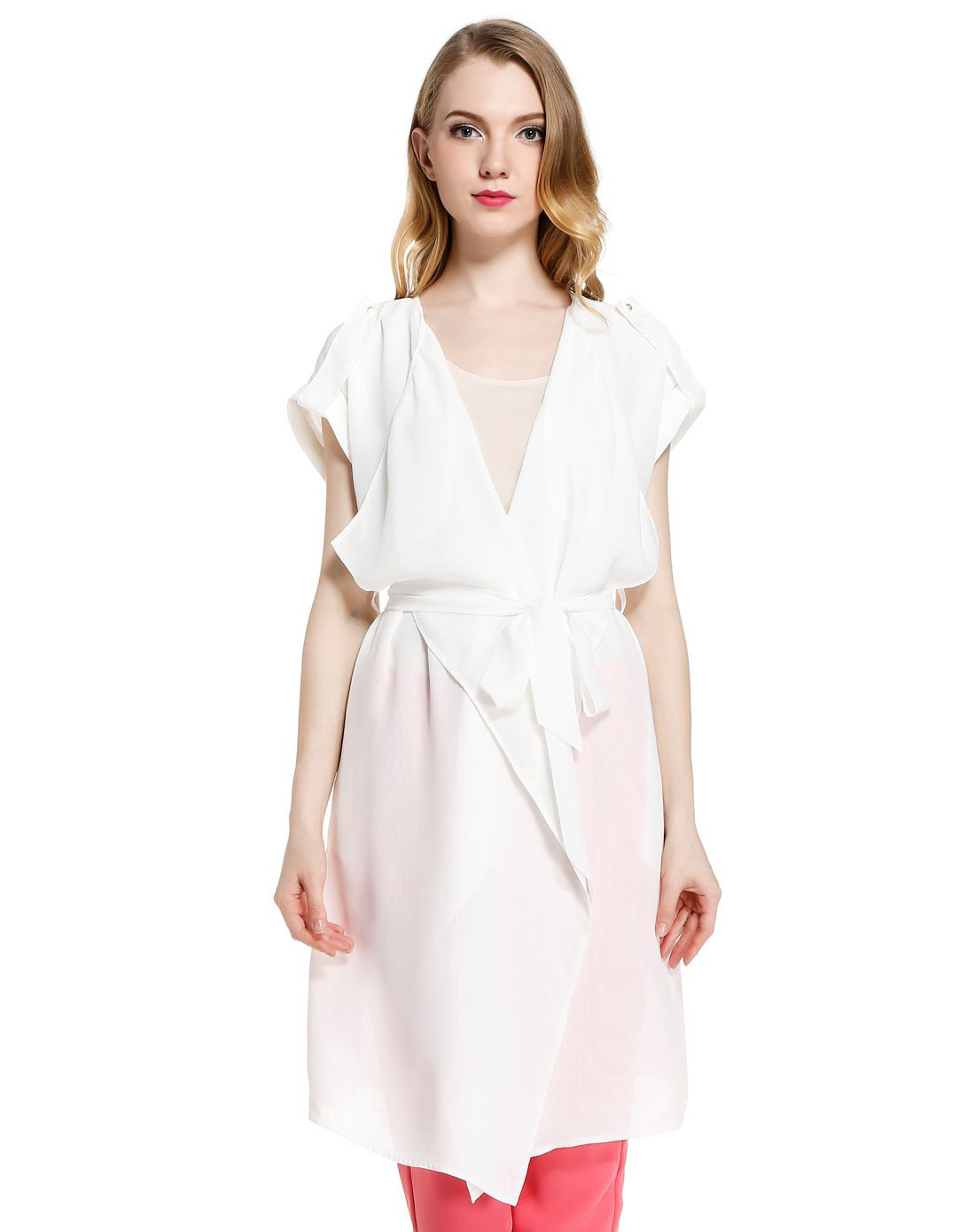 女无袖悬垂长风衣乌黑