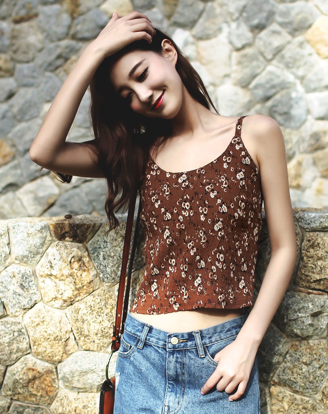 百搭碎花修身吊带背心藏青色