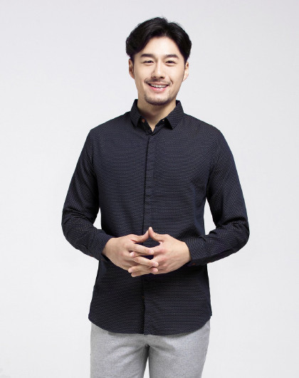 男装休闲修身波点休闲长袖衬衫