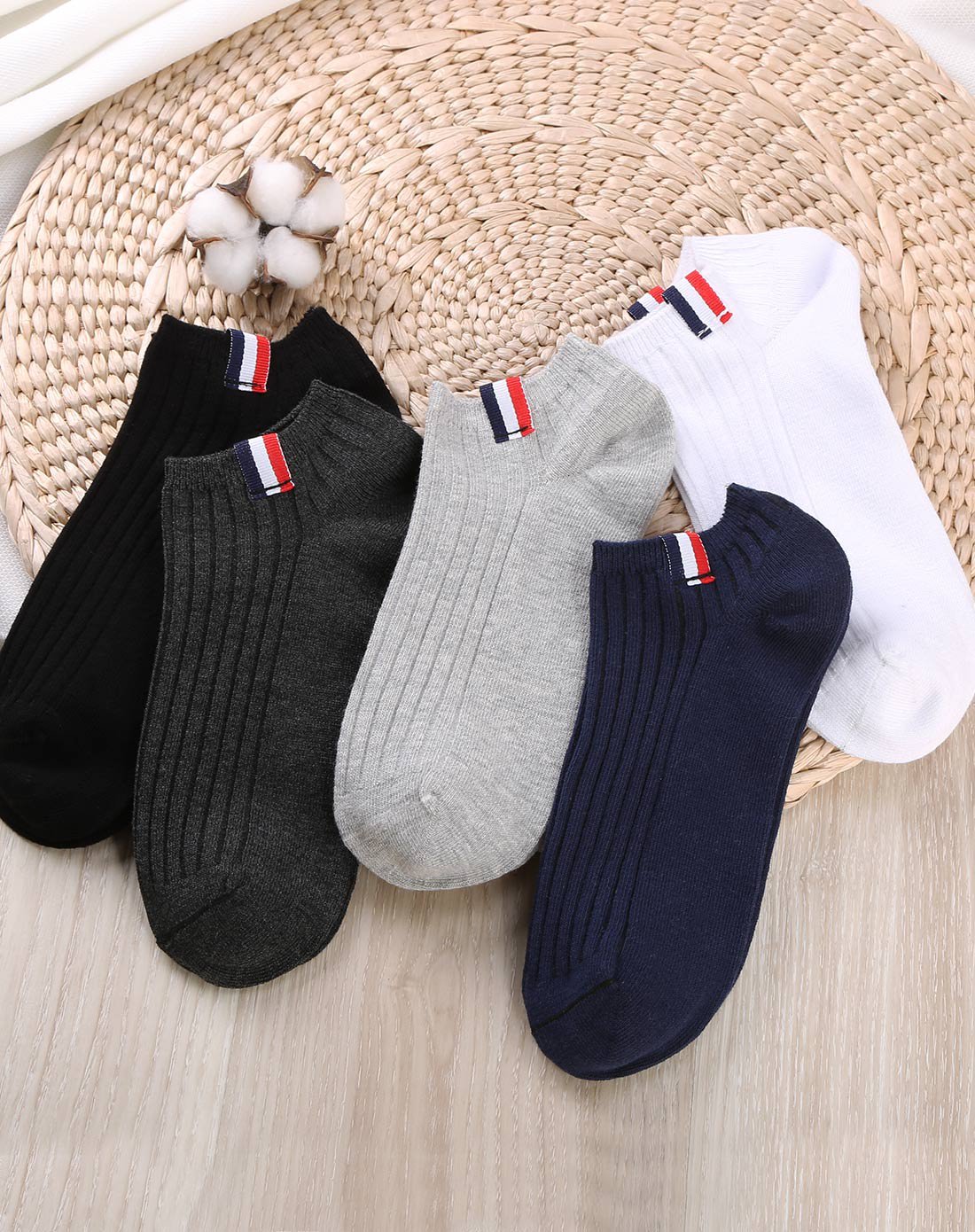 5双装 时尚布标纯色休闲低帮男士棉袜混色
