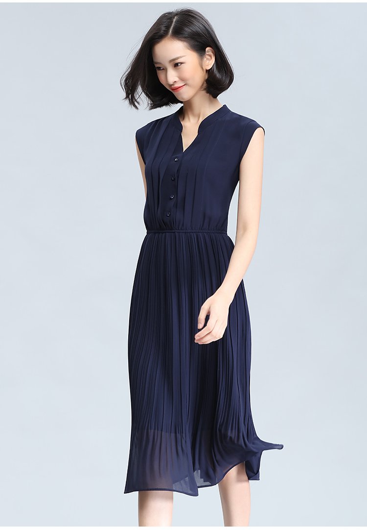 珍珠雪纺无袖压褶连衣裙藏青色