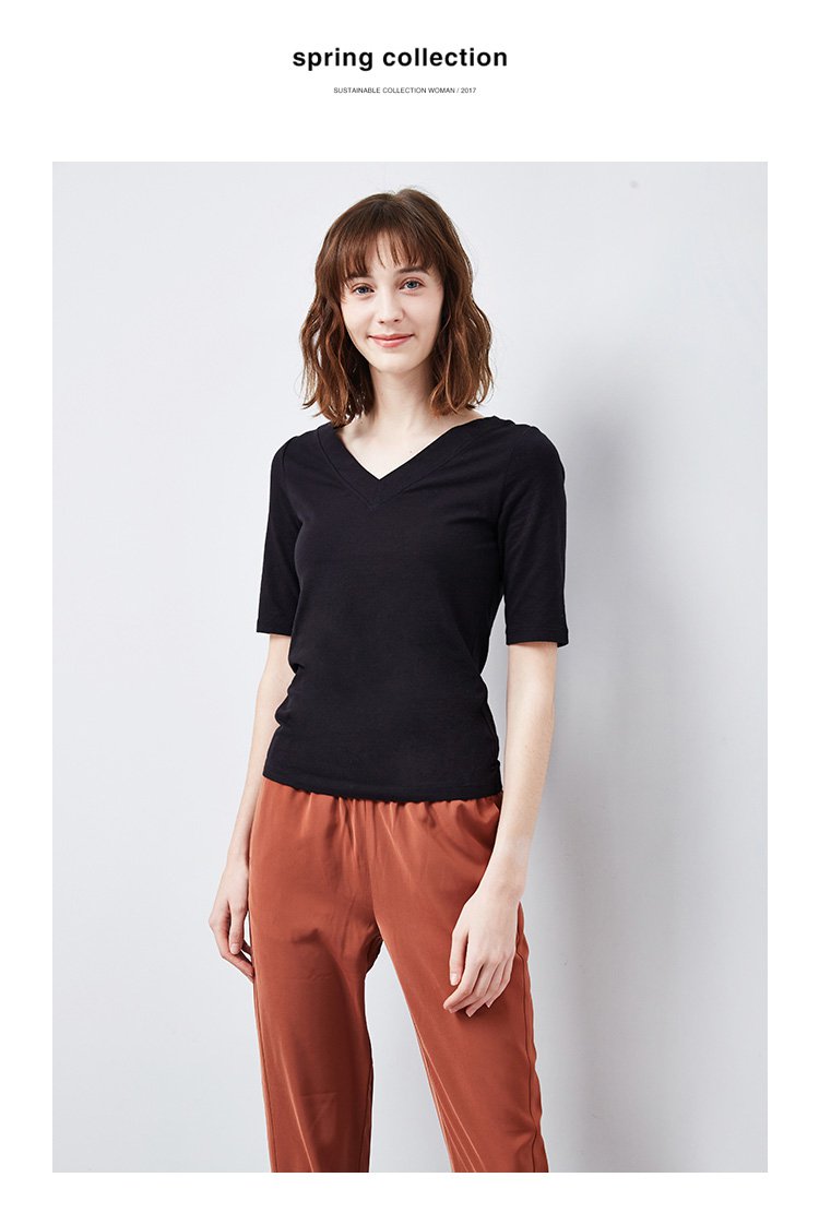 超弹棉氨混纺v领五分袖t恤黑色