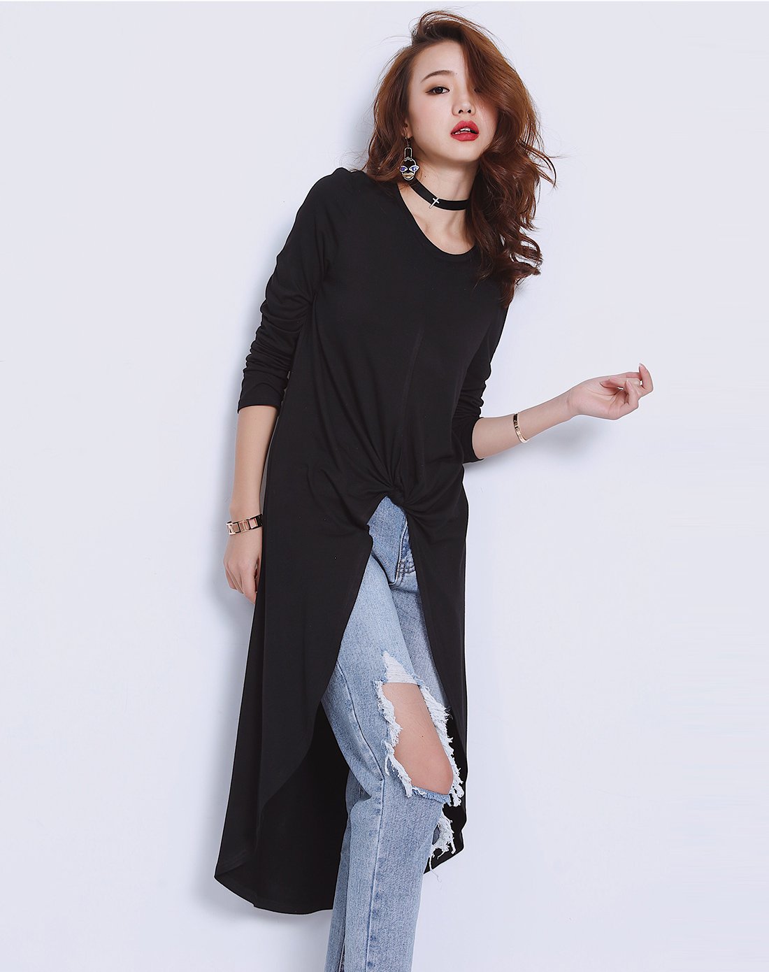 女款中长款修身长袖打底t恤奶灰色