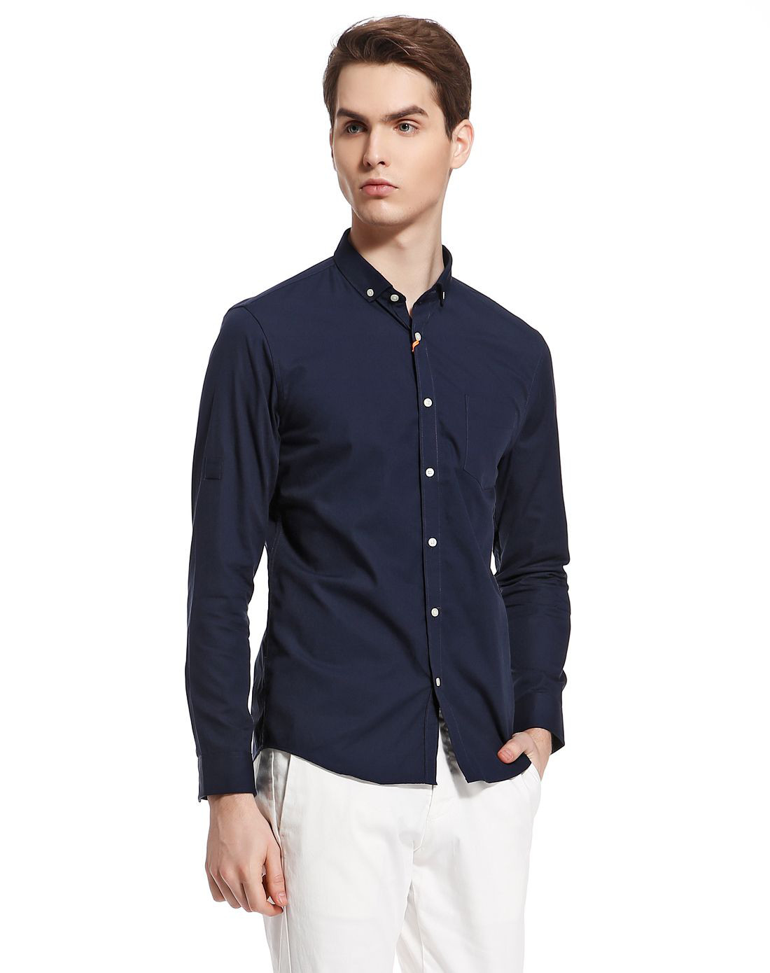 男牛津纺卷袖衬衫夜黑蓝