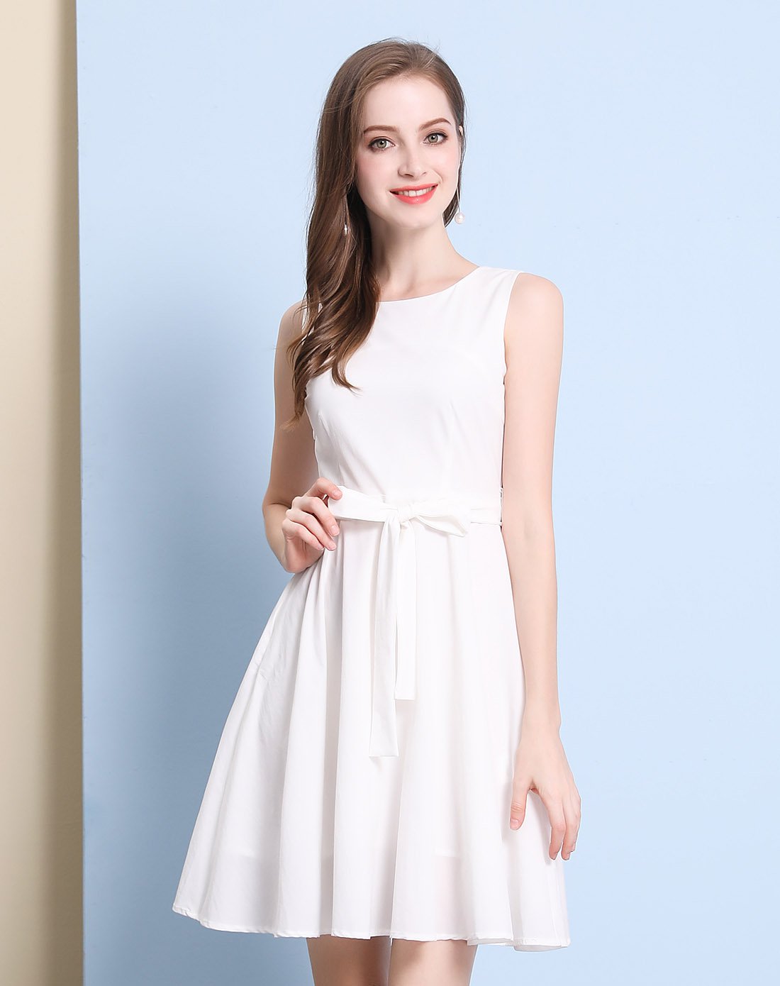 知性优雅素色无袖系带连衣裙粉色