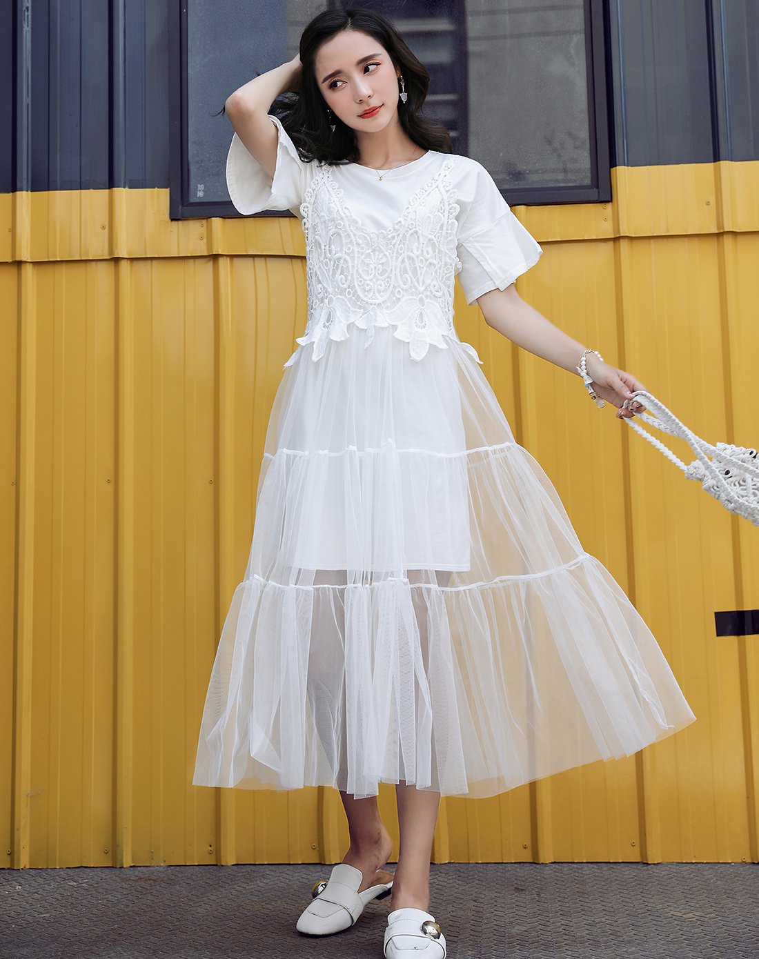 甜美时尚网纱套裙短袖连衣裙两件套灰色