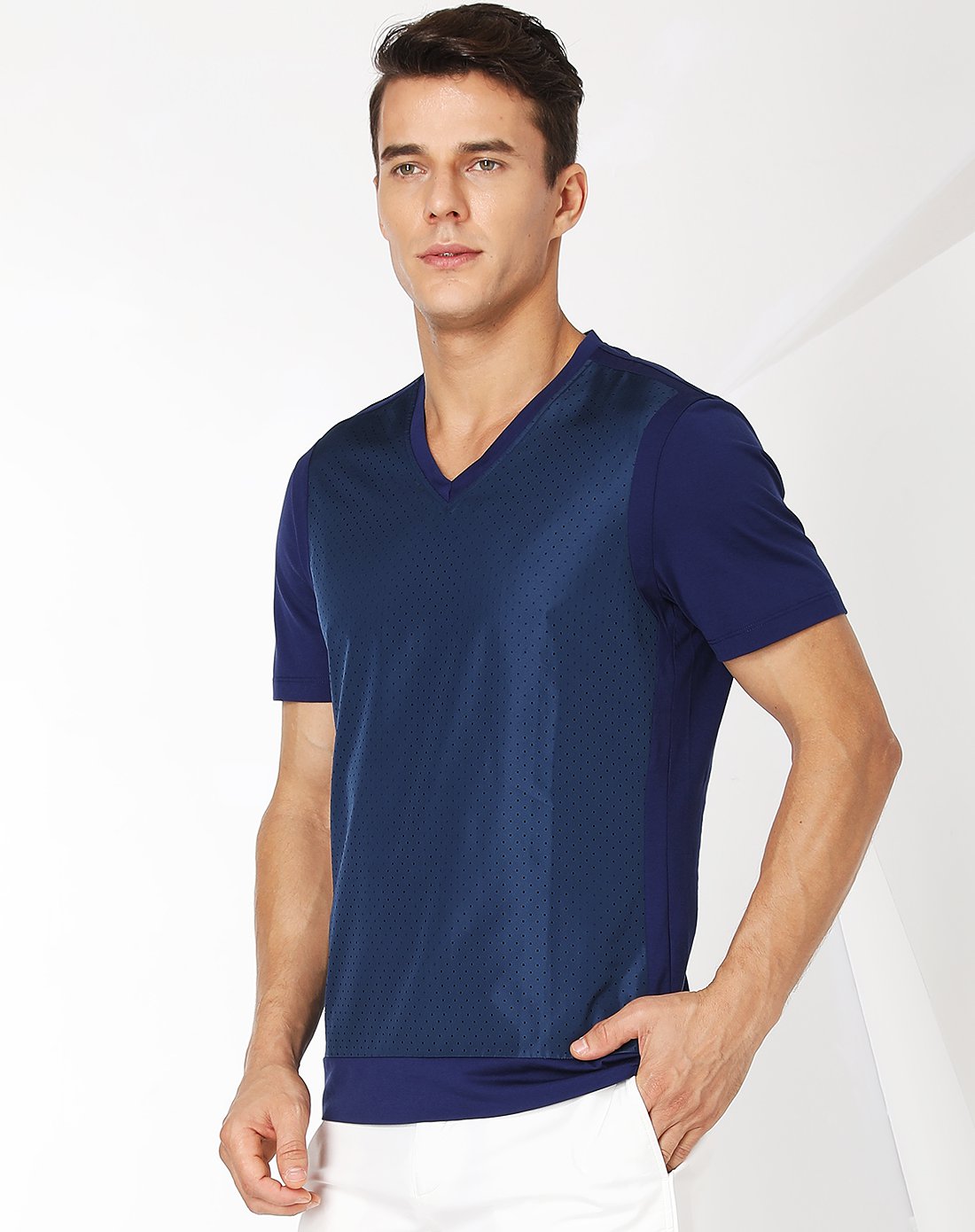 佛伦帝奴fllorinteno男装专场 轻薄透气吸汗全棉拼双层透气布v领短袖