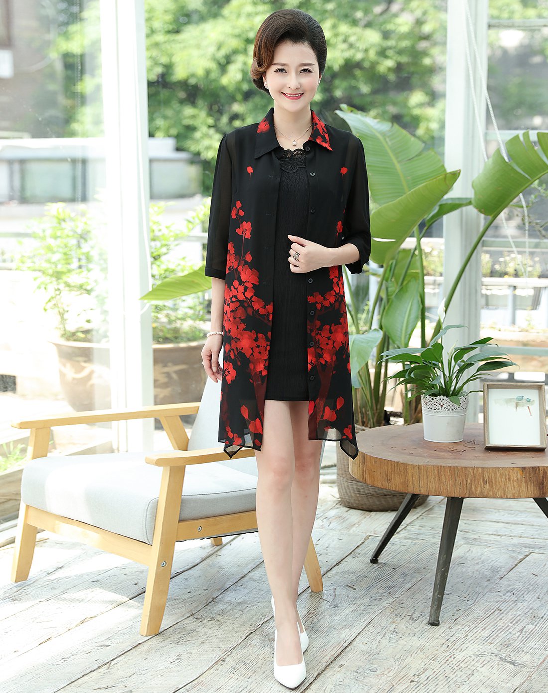 中老年妈妈装夏季翻领宽松短袖套装