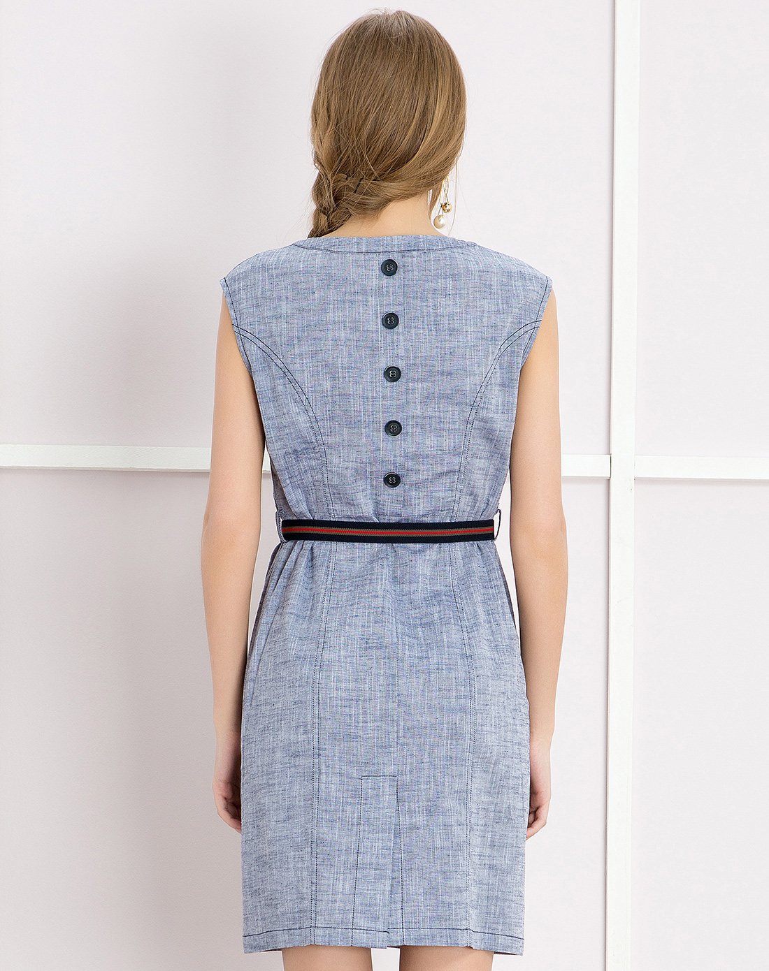 sunny 经典口袋装饰收腰气质连衣裙亚麻蓝