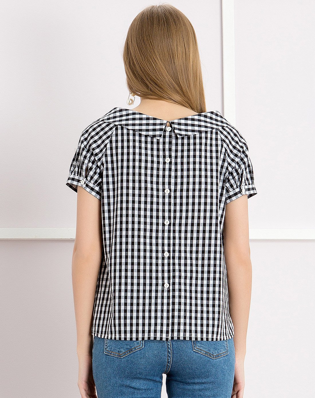 趣玩新夏 d2m设计师专场sunny 学院风格子环领减龄短袖上衣黑白格t