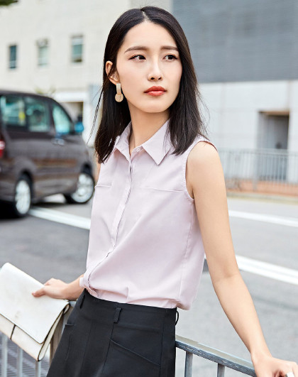 时尚气质翻领无袖衬衫女 通勤简约纯色雪纺衬衣