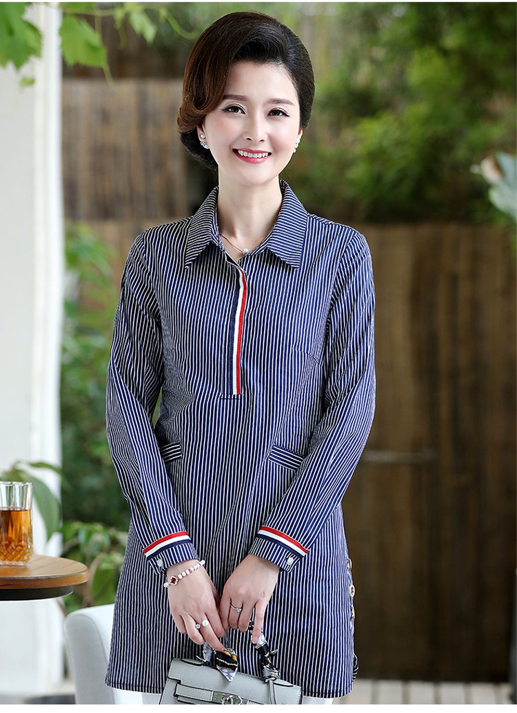 精致美妈中老年妈妈装夏季翻领长袖衬衫