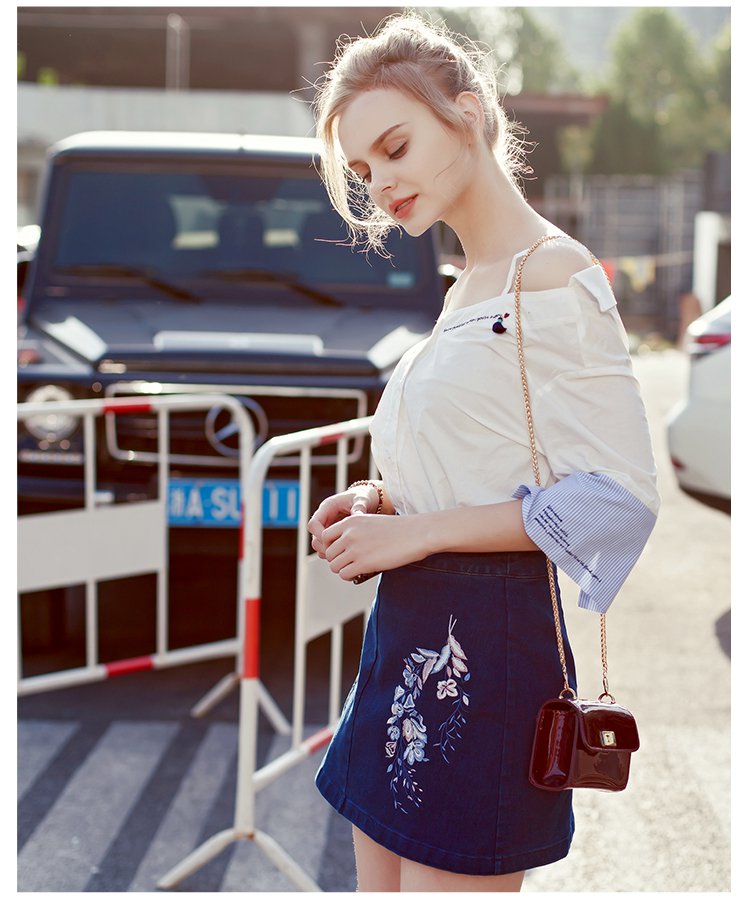 时尚吊带撞色袖口一字肩纯色简约衬衫白色