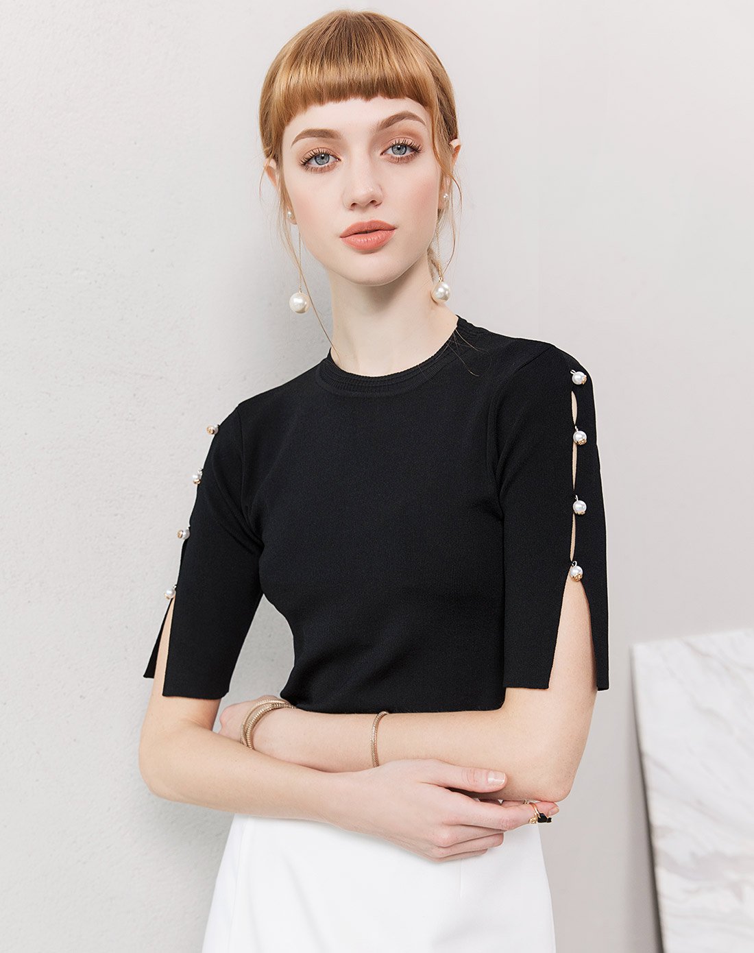 修身百搭时尚开叉袖针织衫