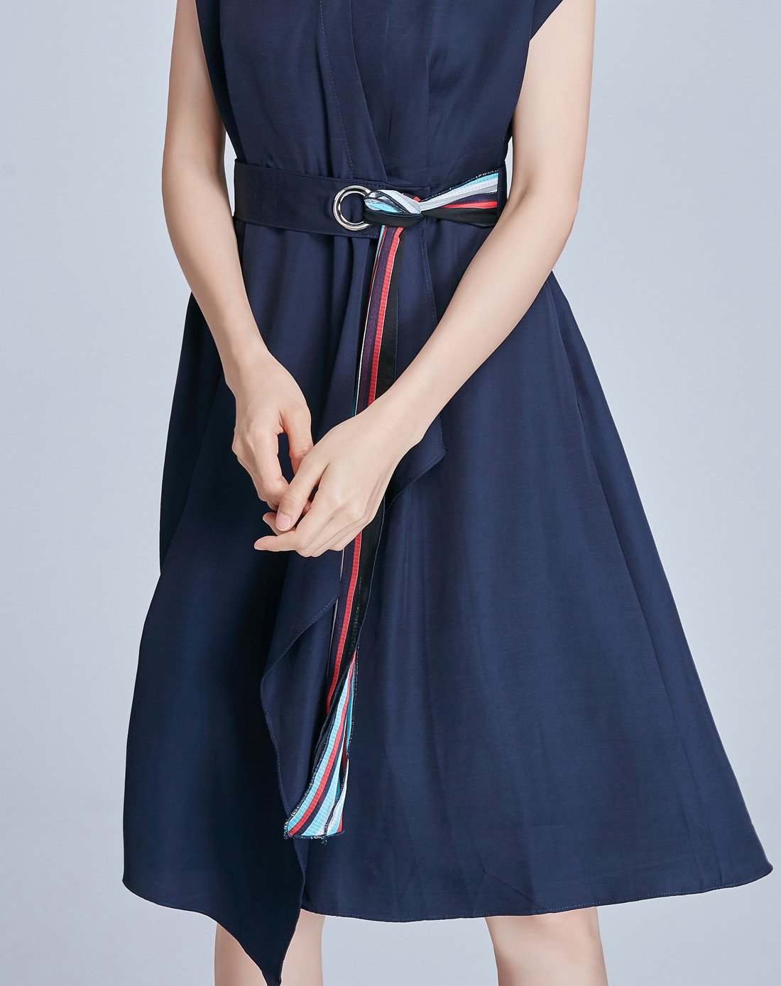 深蓝色气质修身短袖职业polo领连衣裙