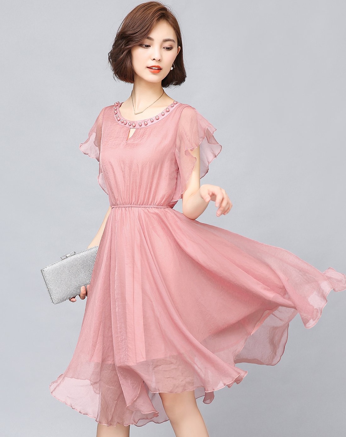 气质淑女松紧腰圆领纯色连衣裙女裙子