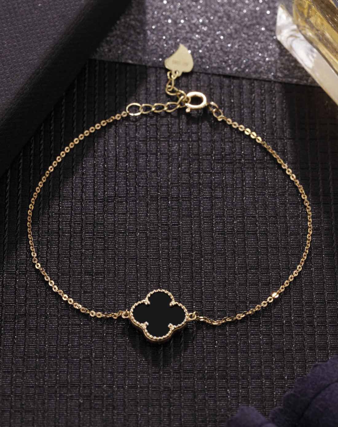 agovski蔻斯琦14k金天然黑玛瑙四叶草手链(黑色)