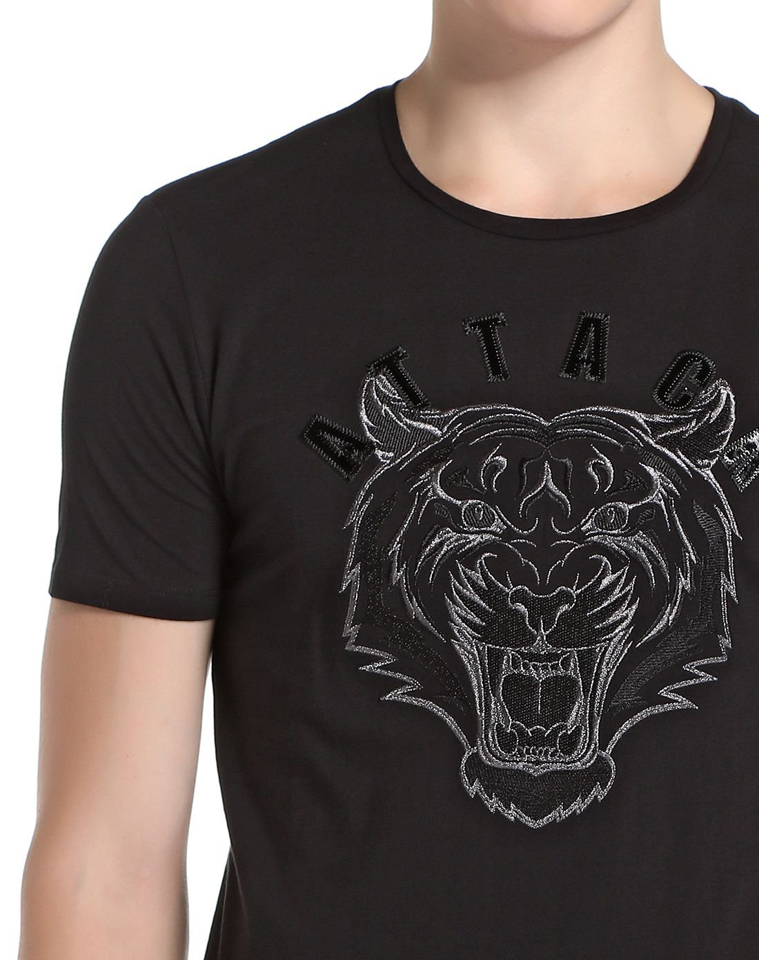 男老虎线绣印花短袖恤正黑