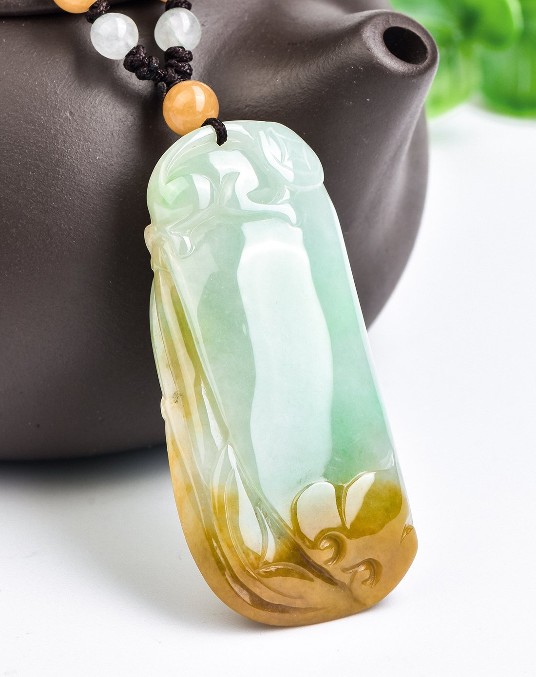 紫气东来 籽料冰糯种三彩事事如意翡翠吊坠