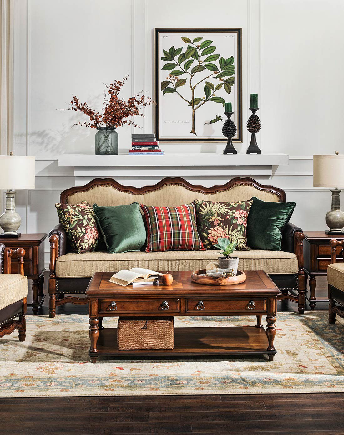 优梵艺术美式家具专场直发货rhine莱茵布艺沙发客厅套餐组合四件套pk