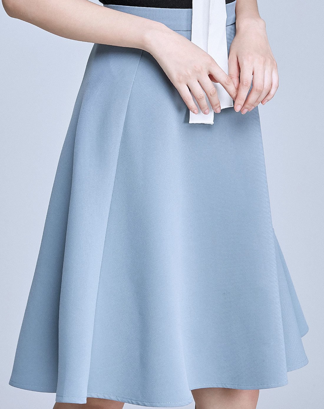 灰蓝色中腰大摆a字中裙显瘦荷叶边半身裙