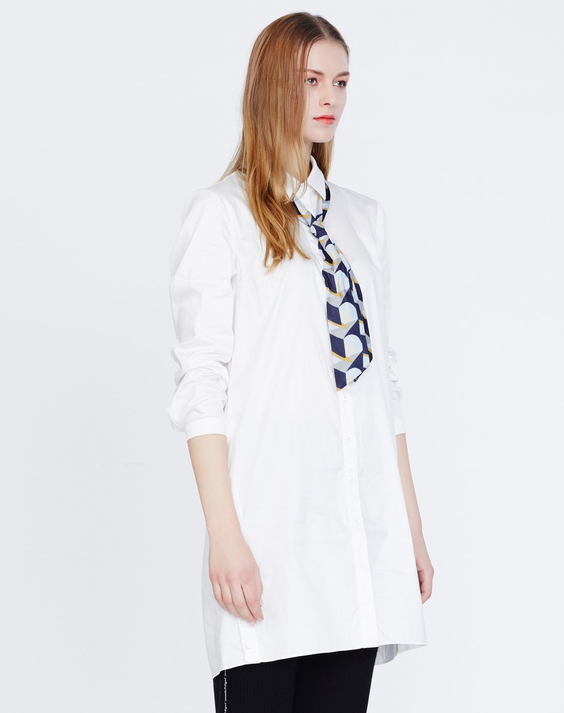 简约飘带领中长款衬衣