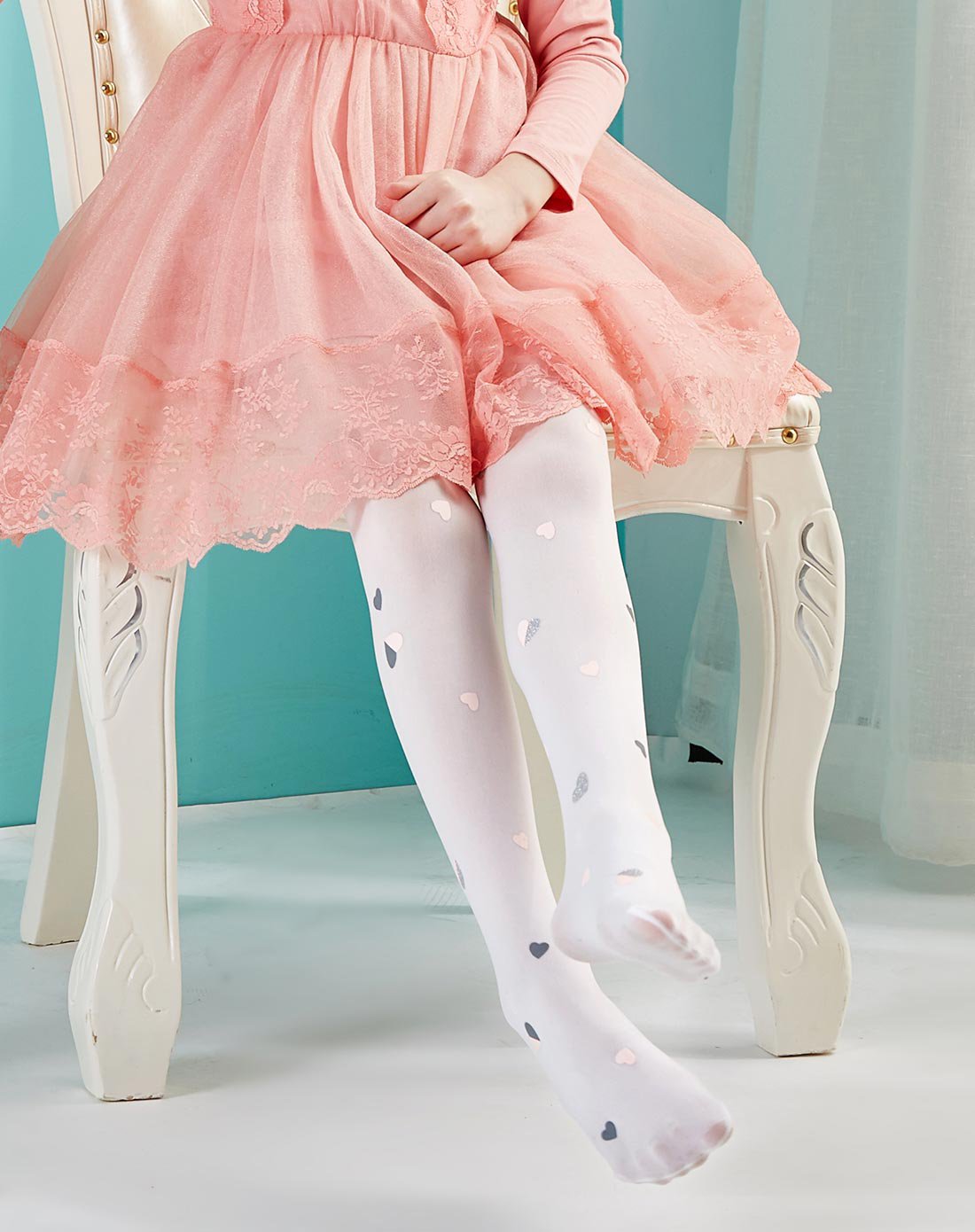 女童连裤袜白印花