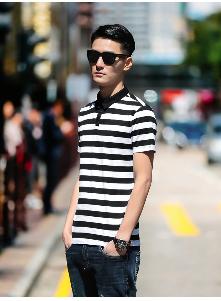 日常简约经典条纹休闲男士短袖polo衫