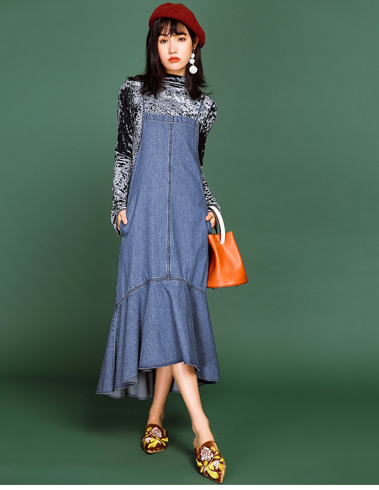 七格格-我自是潮流个性牛仔插兜荷叶边大下摆a字吊带裙连衣裙7mb1010