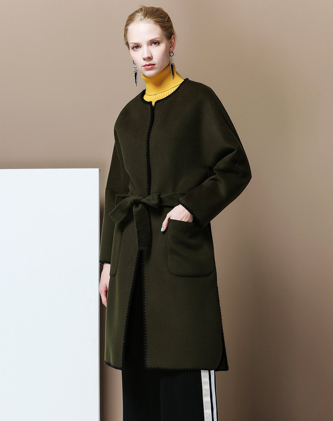 【羊毛100%】长款系带双面羊毛呢大衣