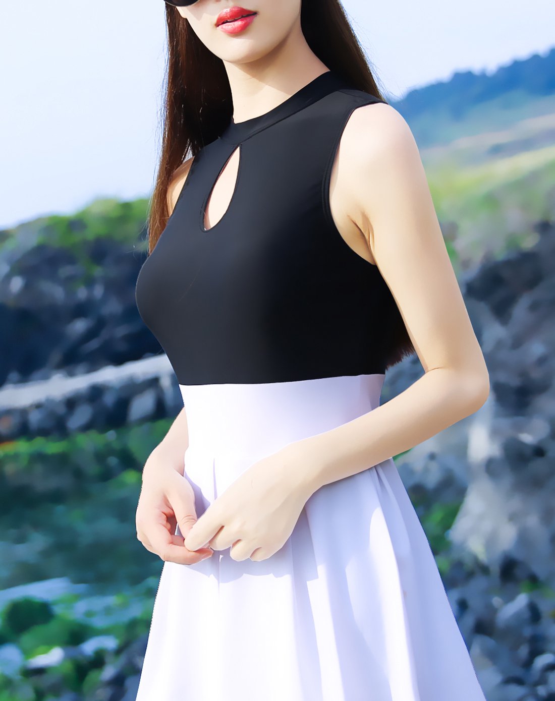 经典撞色 连体保守平角小胸聚拢 女士泳衣