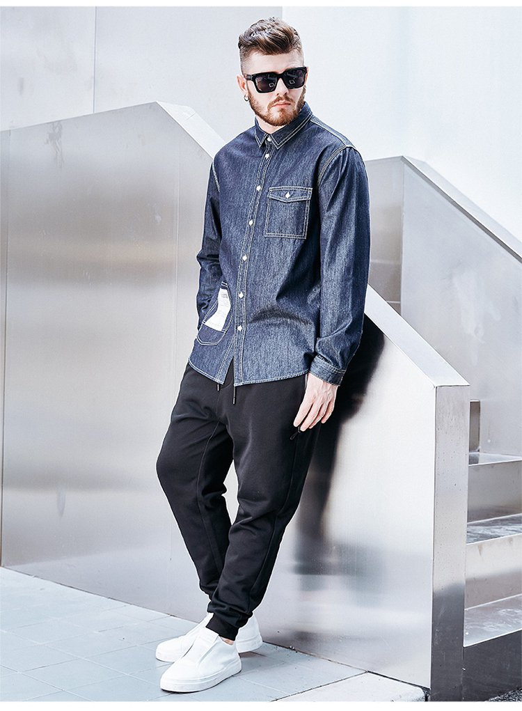 潮牌大码男装原色贴布印花牛仔衬衫男士衬衫