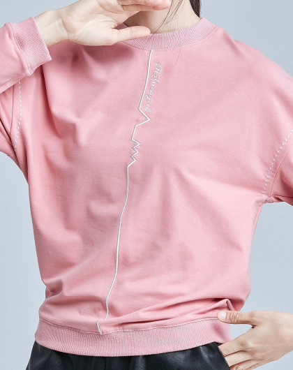 虾粉色简约螺纹圆领刺绣长袖套头无帽卫衣