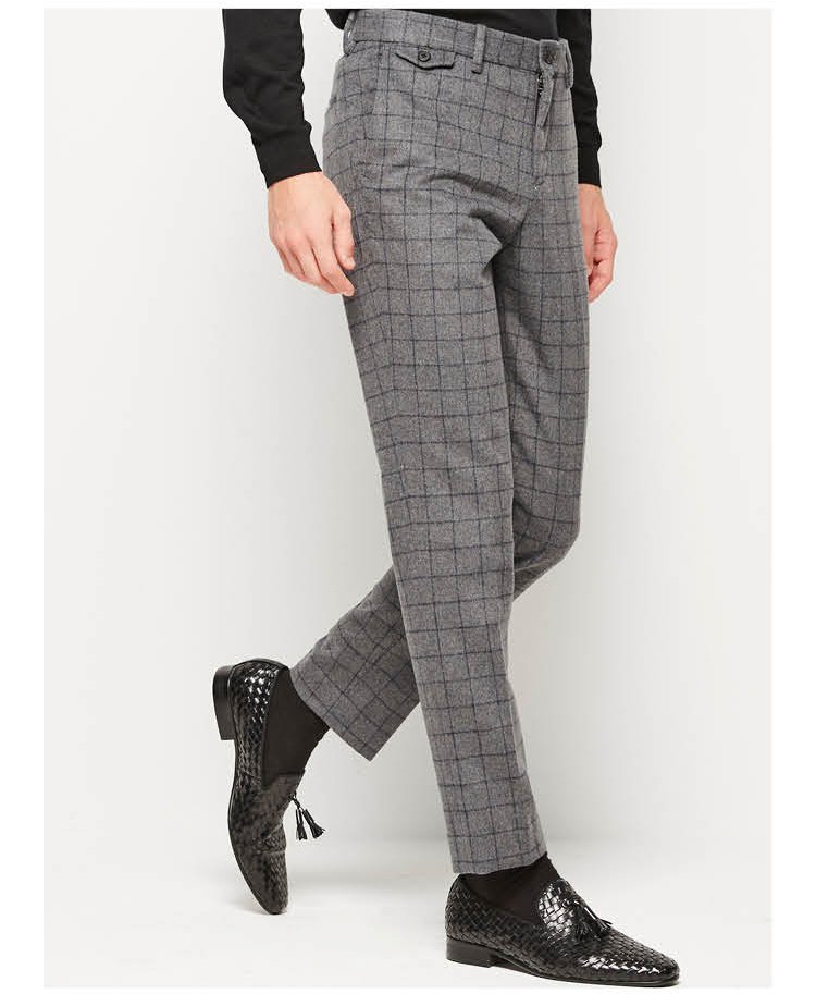 男简洁羊毛格子商务西裤