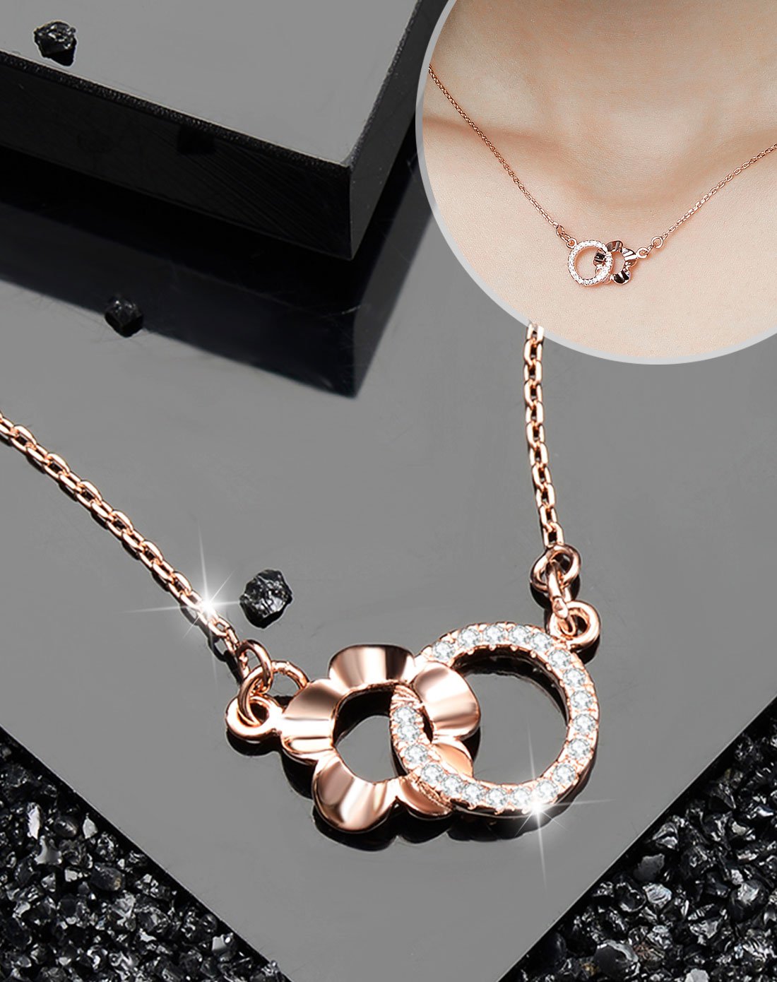 s925银项链女吊坠金色花套链日韩百搭锁骨链