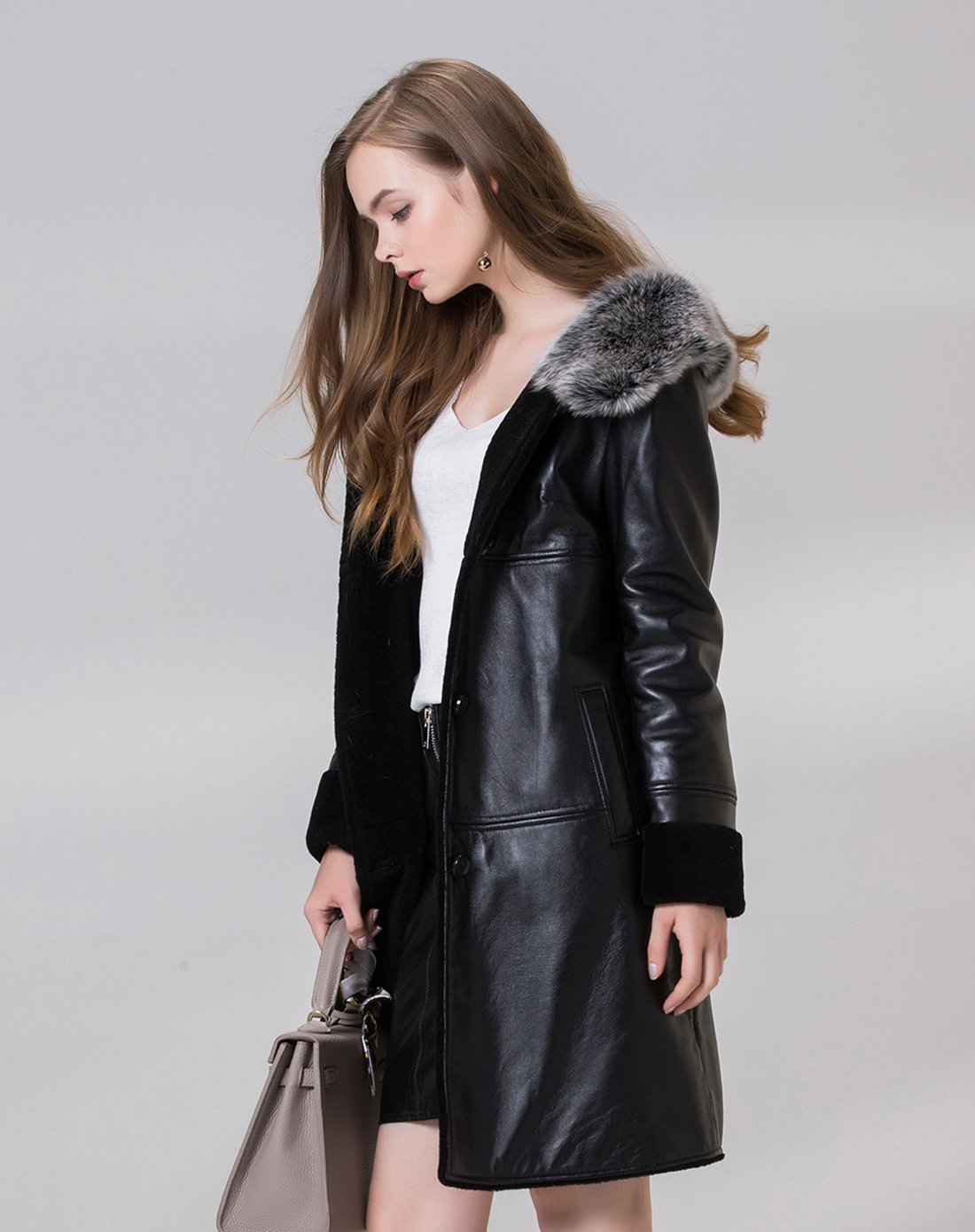 女带帽羊毛内胆绵羊皮大衣