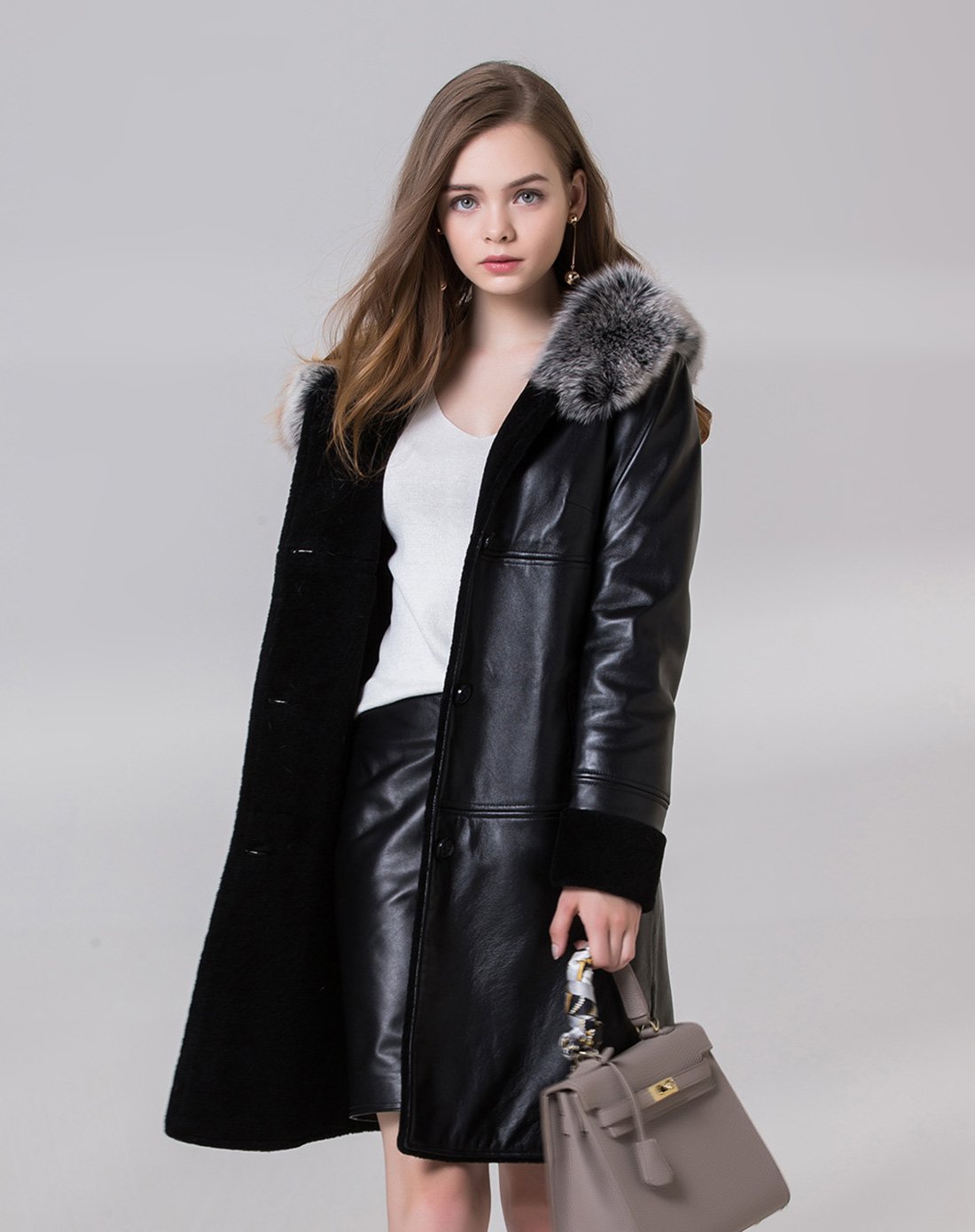 女带帽羊毛内胆绵羊皮大衣