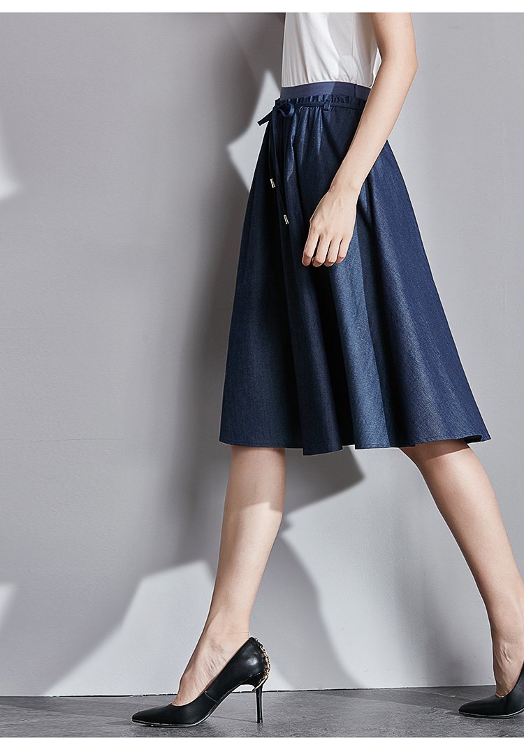 中腰系带伞裙 及膝中裙半身裙