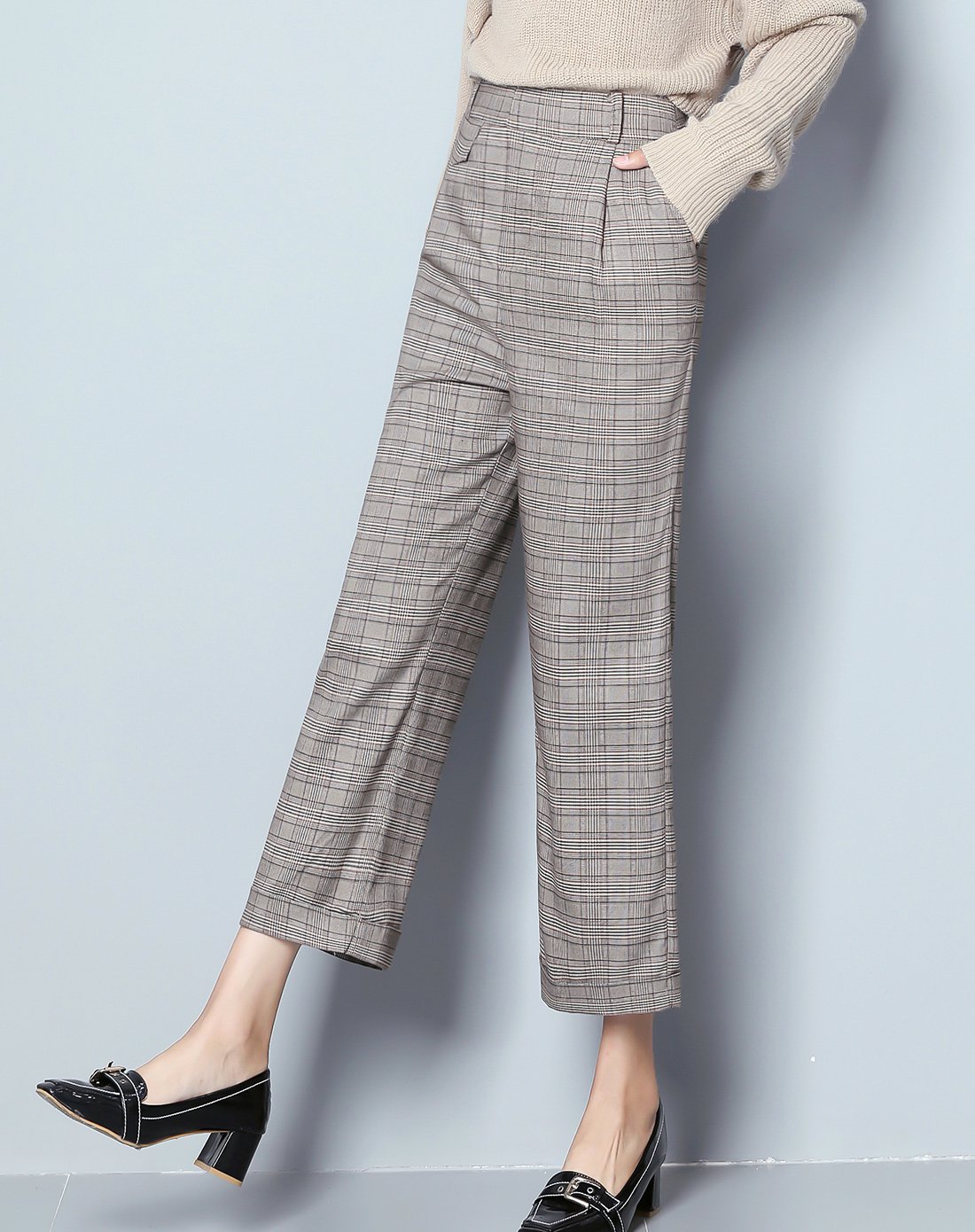 春季畅销简约休闲女款中腰格纹袋盖装饰宽松直筒休闲裤