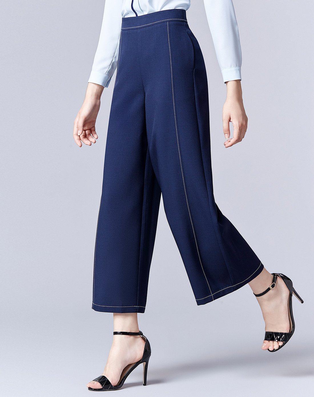 深蓝色百搭逛街装休闲裤宽松九分阔腿裤