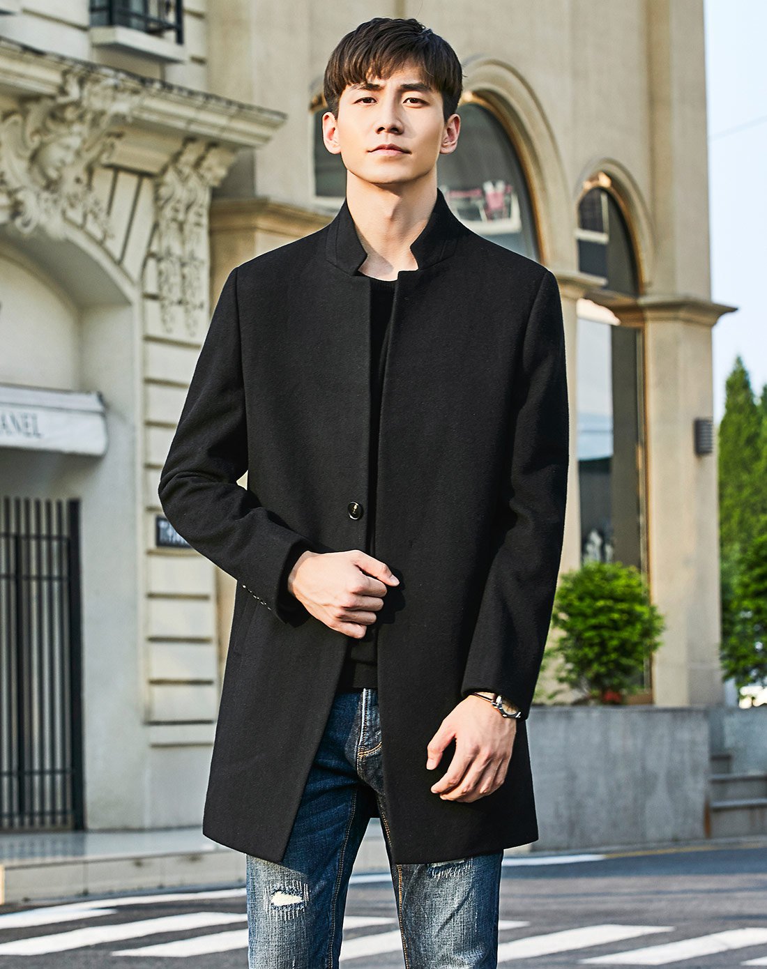 冬装 时尚立领极简净色商务男士保暖羊毛毛呢大衣