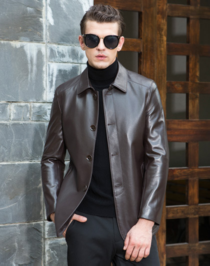 男士皮衣秋装绵羊皮休闲时尚翻领钮扣真皮皮衣