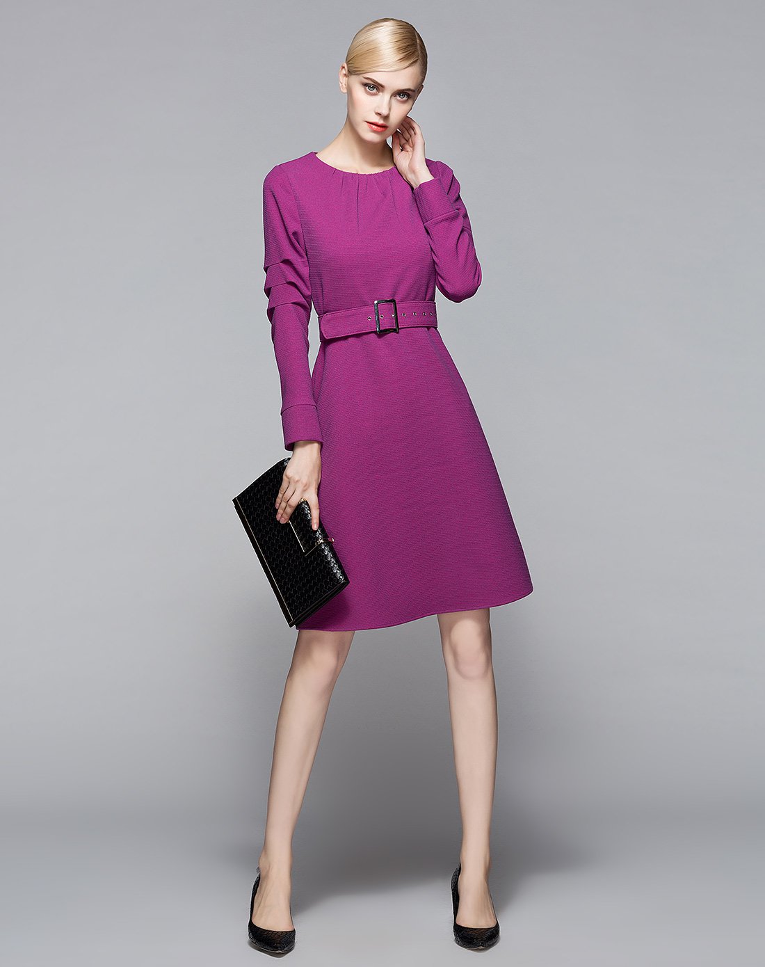 优雅熟女裙装圆领长袖修身显瘦连衣裙子