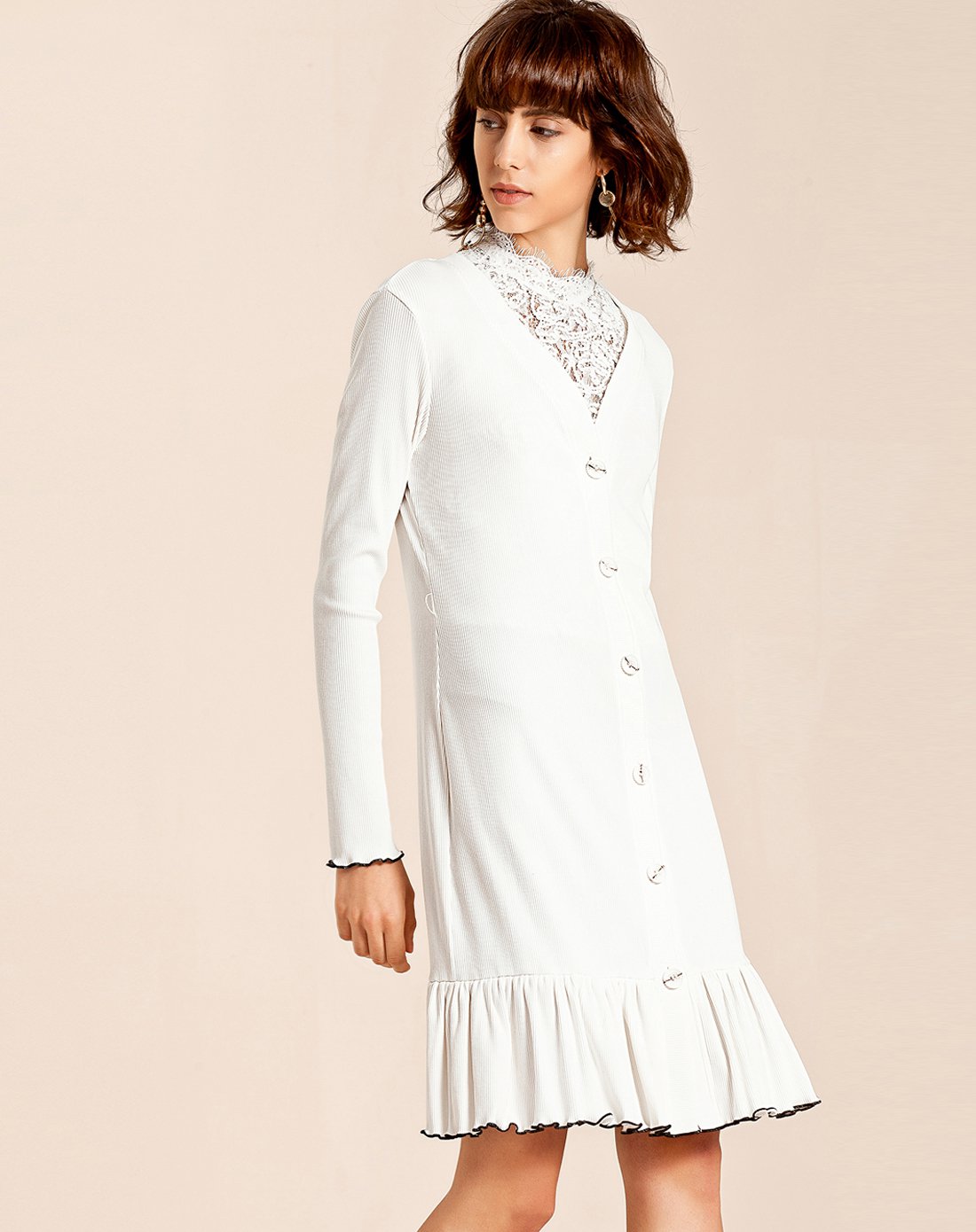 梦芭莎moonbasa女装特卖旗舰店(旧)撞色荷叶边长款长袖v领开衫连衣裙