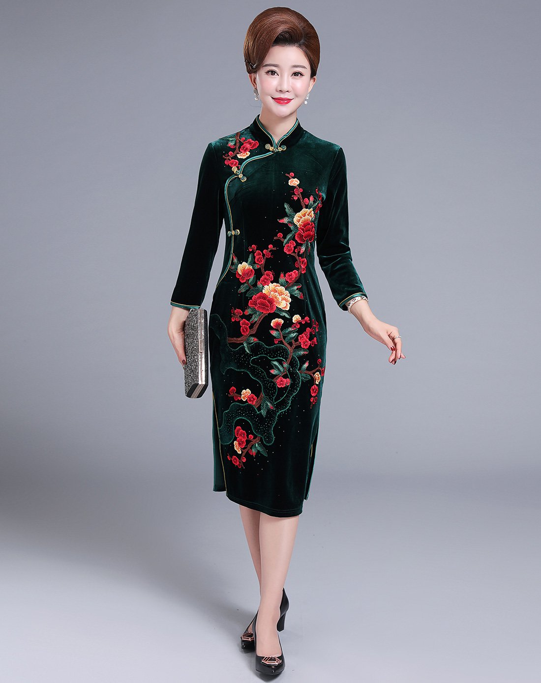 台格2017秋季新款中老年女装妈妈装旗袍古典盘扣绣花连衣裙