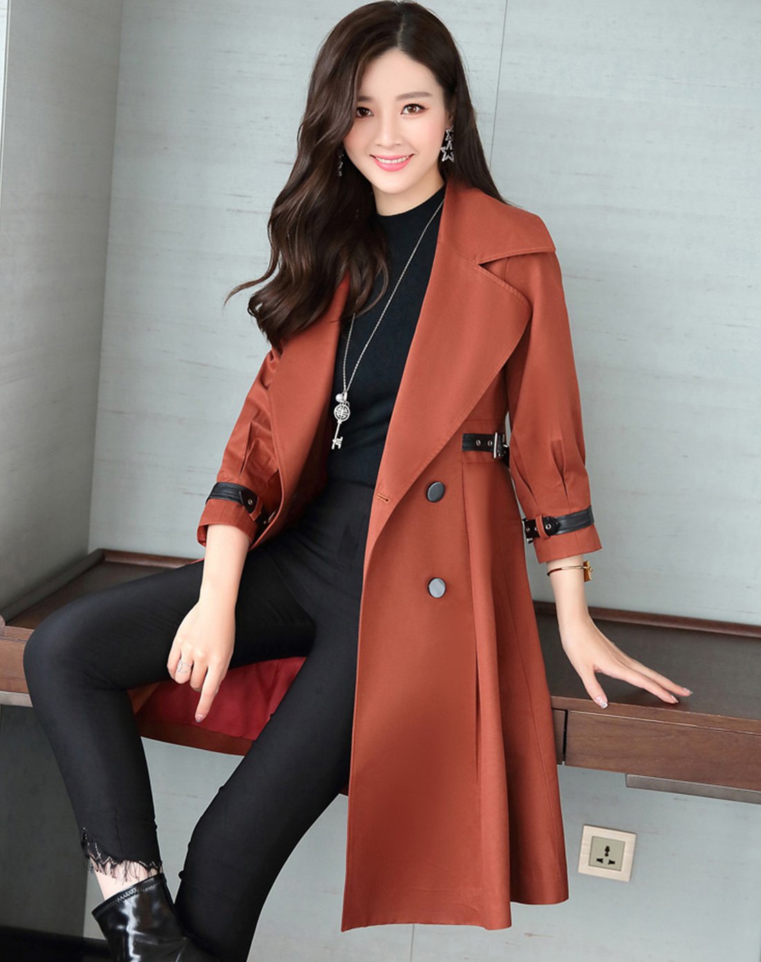 秋冬新款 宽松韩风纯色翻领九分中长款秋冬风衣外套