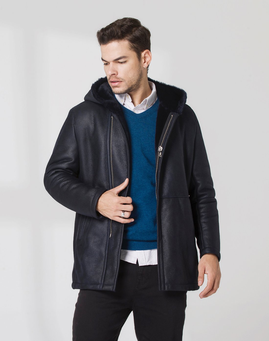 男时尚带帽羊皮毛一体大衣